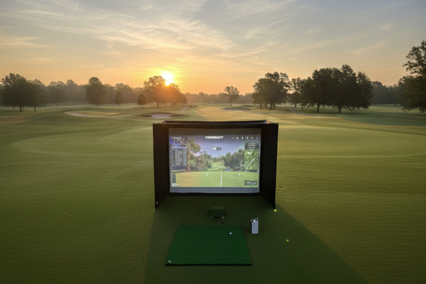 Portabel golfsimulator på golfbana